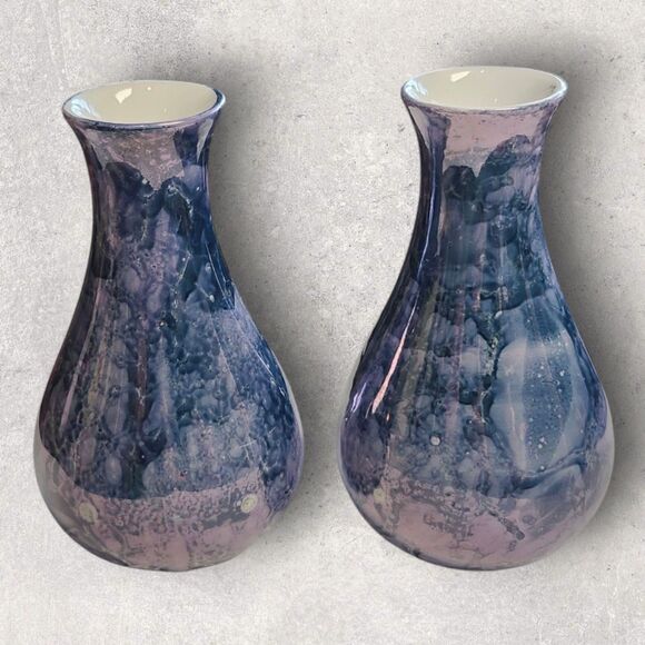 Vintage Lusterware Mini Bud Vases Set of 2 Iridescent Blue Cottagecore Decor - Picture 2 of 7